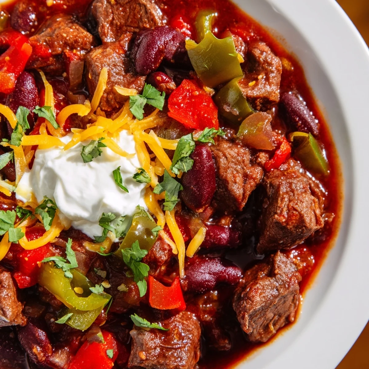 A ladle serving of Slow Cooker Beef Chili with Beans beside warm cornbread slices.