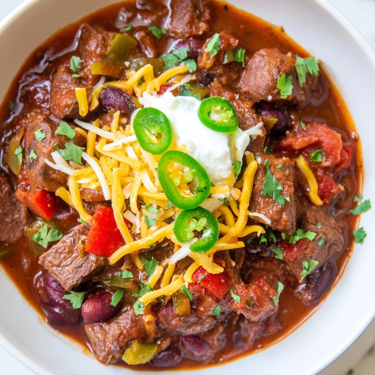 Hearty Slow Cooker Beef Chili with Beans in a bowl, garnished with sour cream and jalapeños.