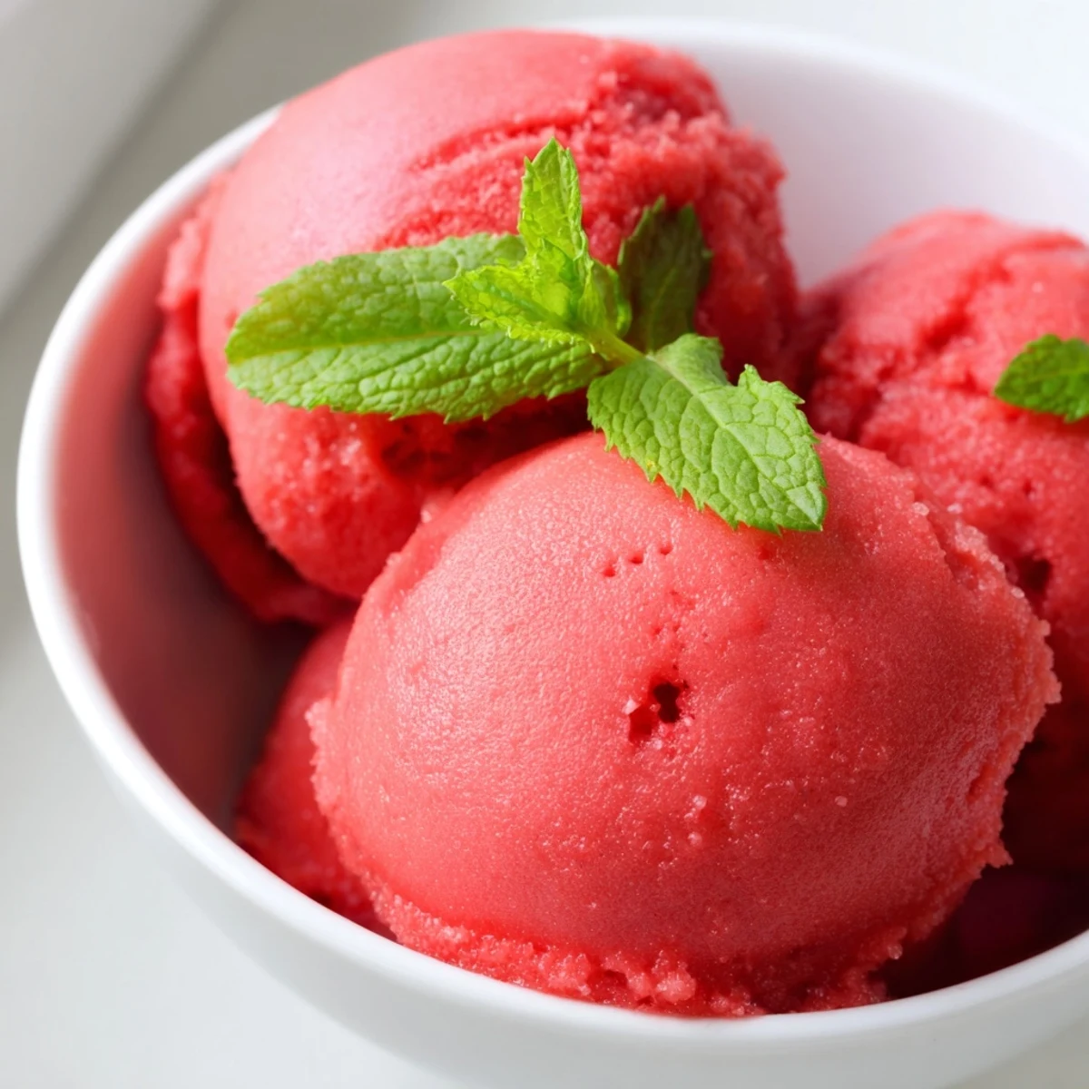 Bright pink Strawberry Lemonade Sorbet served in a rustic bowl, showing its smooth, icy texture alongside sliced fresh strawberries and a lemon wedge.