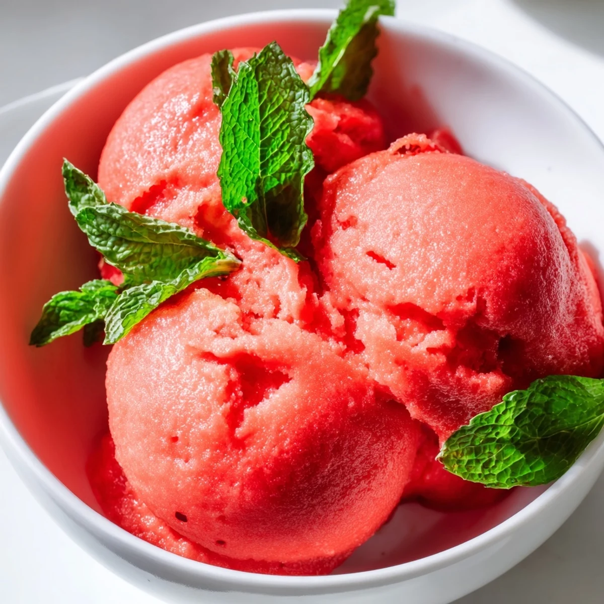 A scoop of Strawberry Lemonade Sorbet in a chilled glass, garnished with fresh mint leaves and lemon zest for a refreshing summer treat.