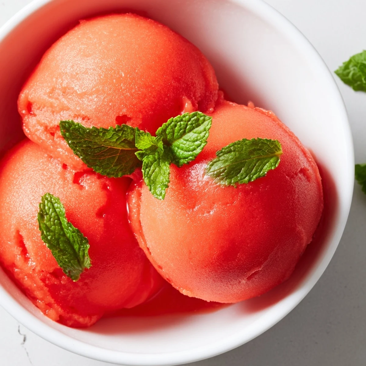 Clear glass bowl filled with vibrant Strawberry Lemonade Sorbet, topped with a sprig of mint and a lemon twist, ready to serve.