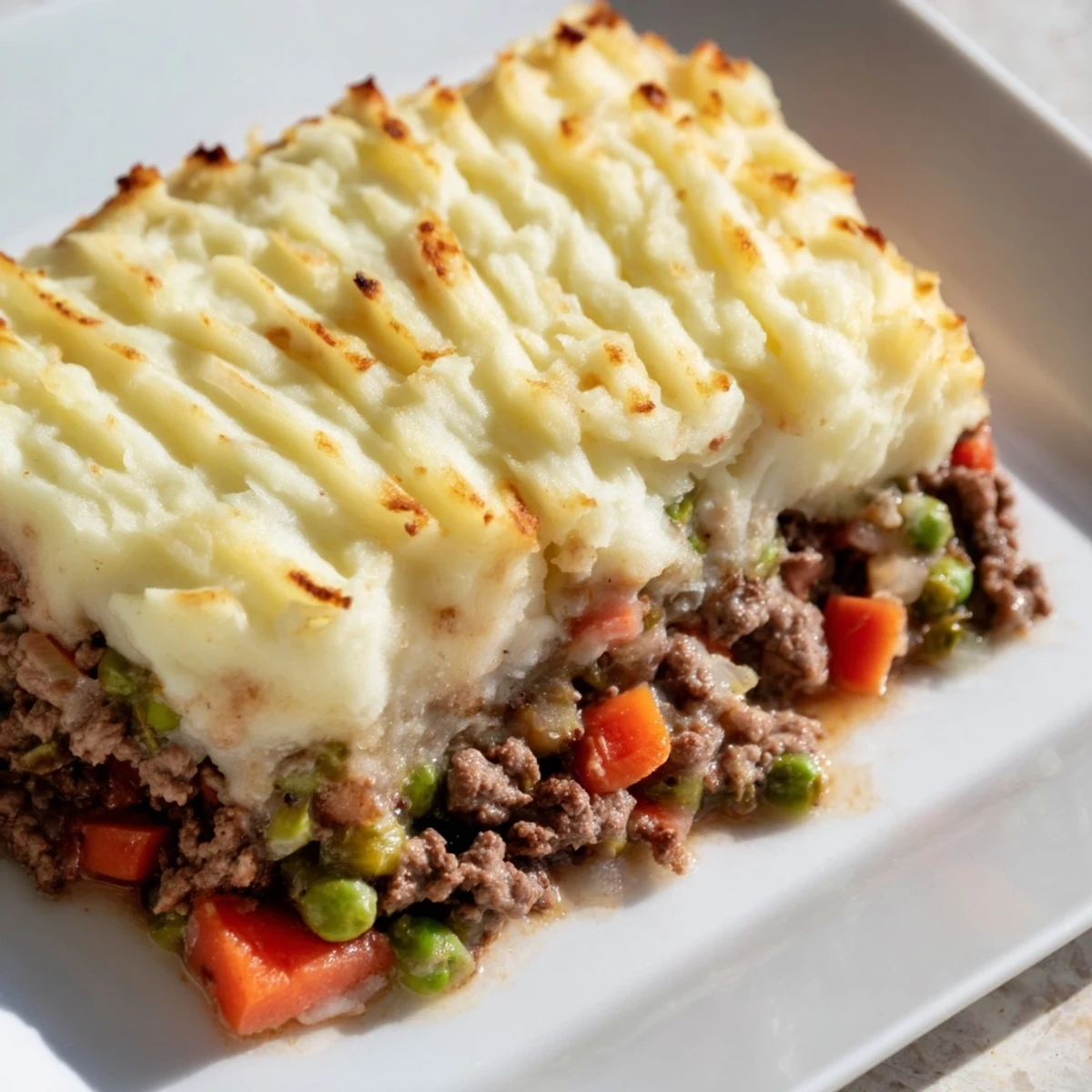 Golden-brown creamy mashed potatoes cover a hearty filling of savory ground beef, sweet peas, and tender vegetables in this Beef Shepherds Pie with Peas.