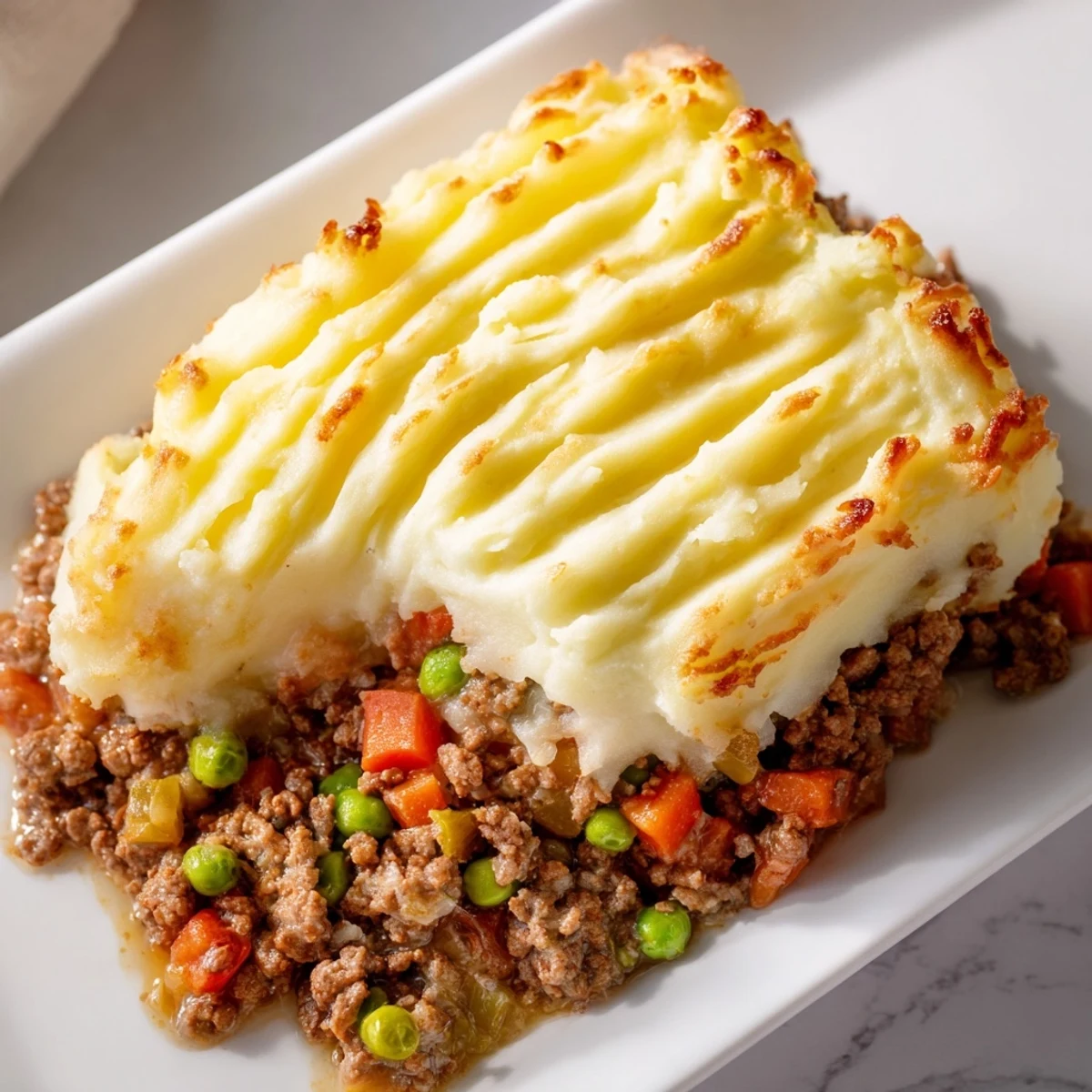 A close-up of Beef Shepherds Pie with Peas reveals a bubbling beef, pea, and carrot mixture topped with fork-ridged, fluffy mashed potatoes.