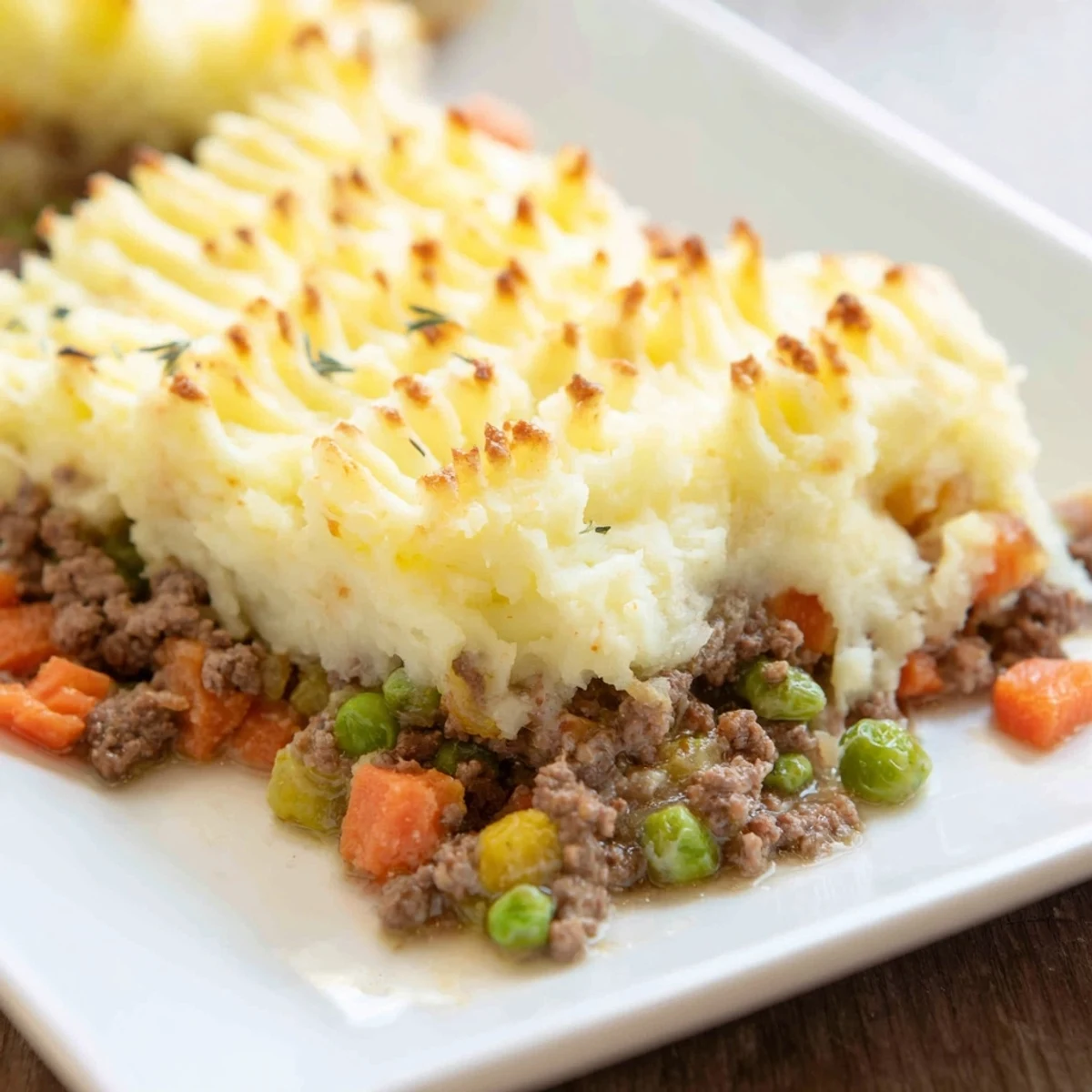 Freshly baked Beef Shepherds Pie with Peas sits in a ceramic dish, steam rising from the golden, buttery potato crust.