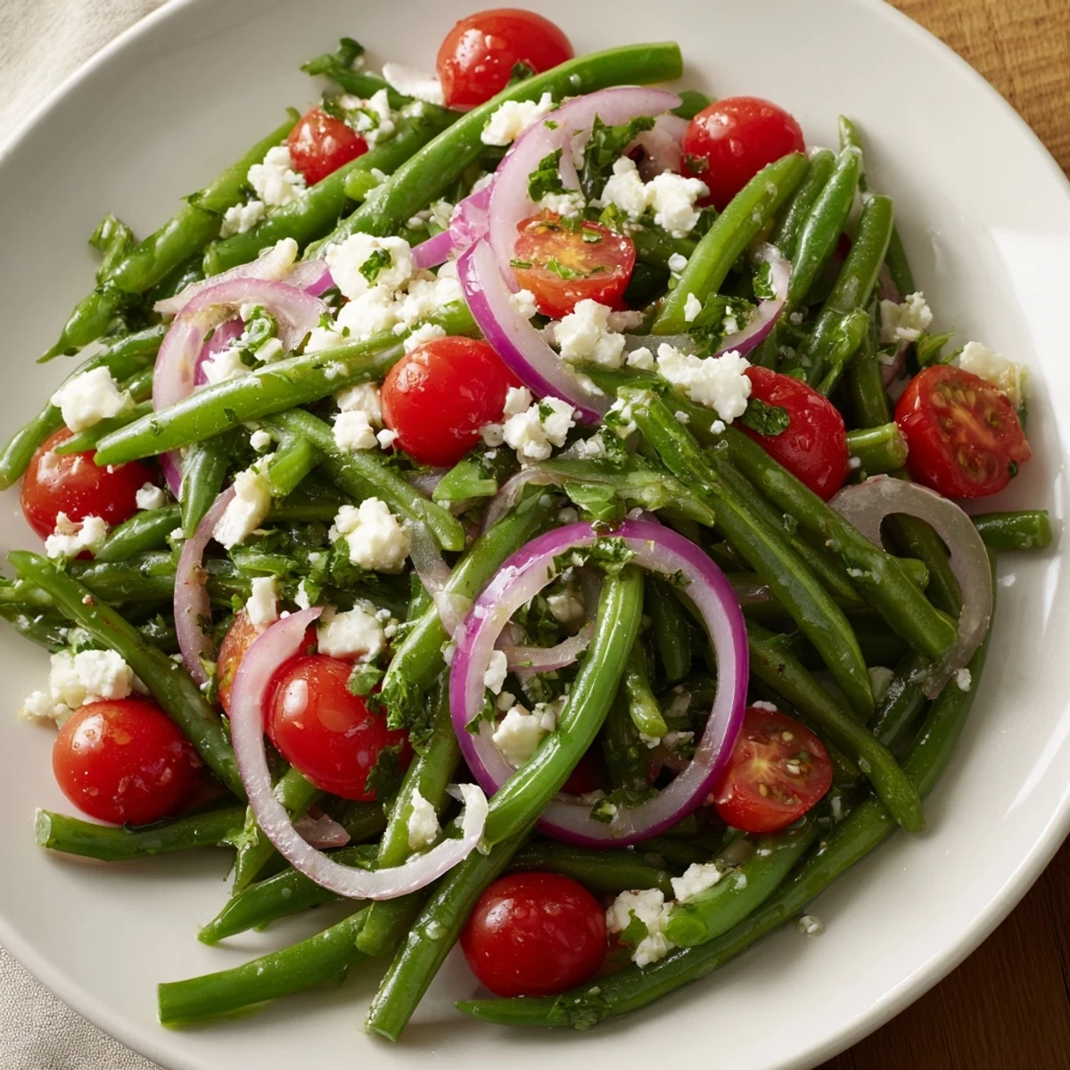 Close-up of the Green Bean Salad with Feta, highlighting bright green beans and creamy crumbles on a rustic table.