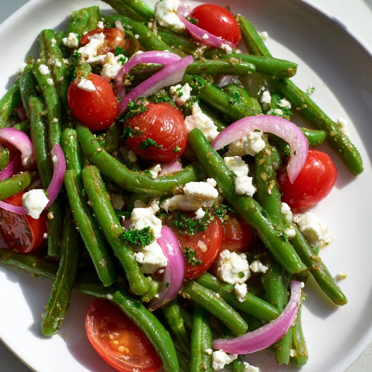 Overhead view of the Green Bean Salad with Feta, featuring fresh parsley and sliced red onion for a refreshing side.