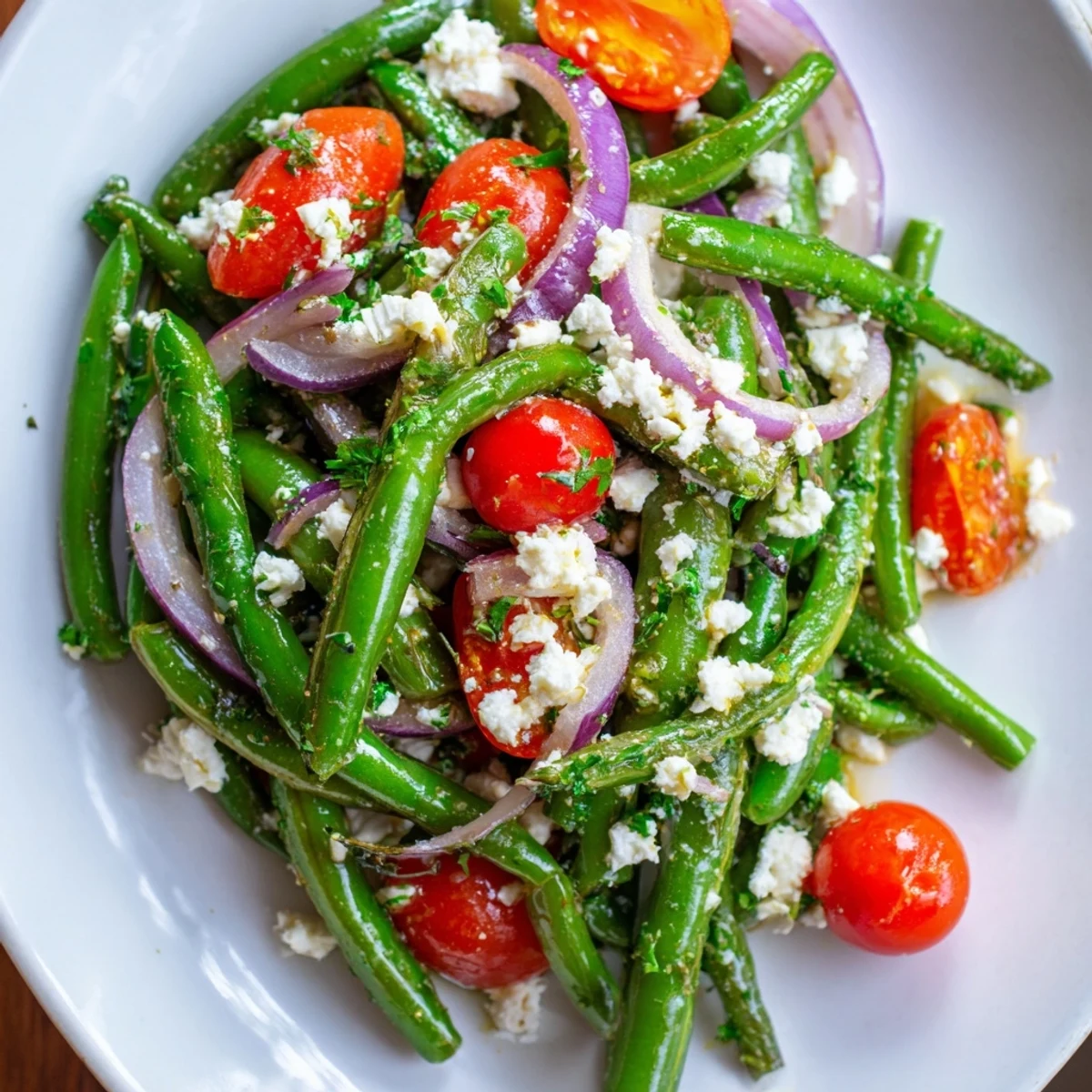 A vibrant bowl of Green Bean Salad with Feta shows crisp beans, cherry tomatoes, and a zesty lemon dressing.