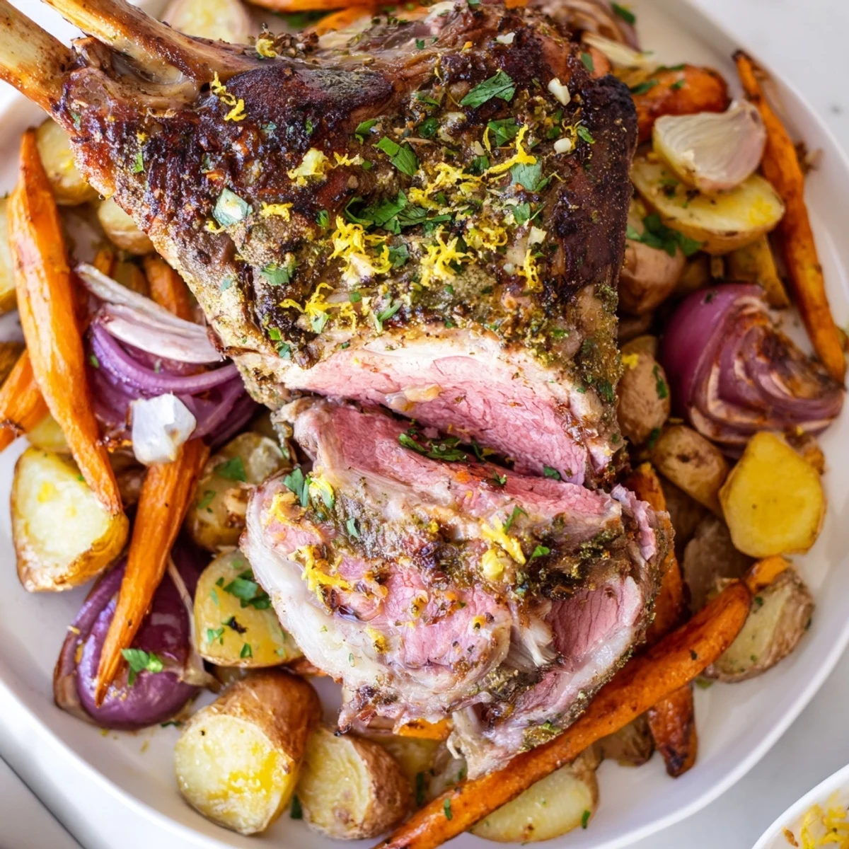 Golden-brown roasted lamb with root vegetables glistening with rosemary and garlic, served on a rustic platter.