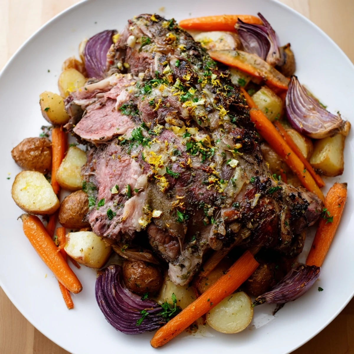 A close-up of succulent roasted lamb with root vegetables next to a glass of Cabernet Sauvignon.