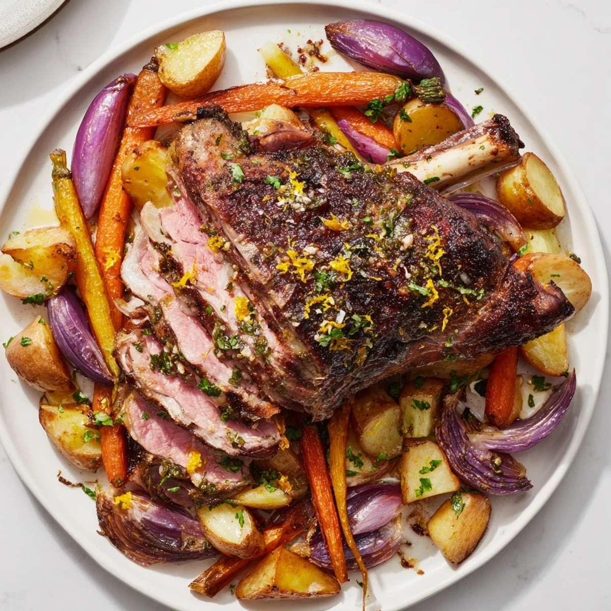 Tender slices of roasted lamb with root vegetables plated with fresh parsley and lemon zest garnish.