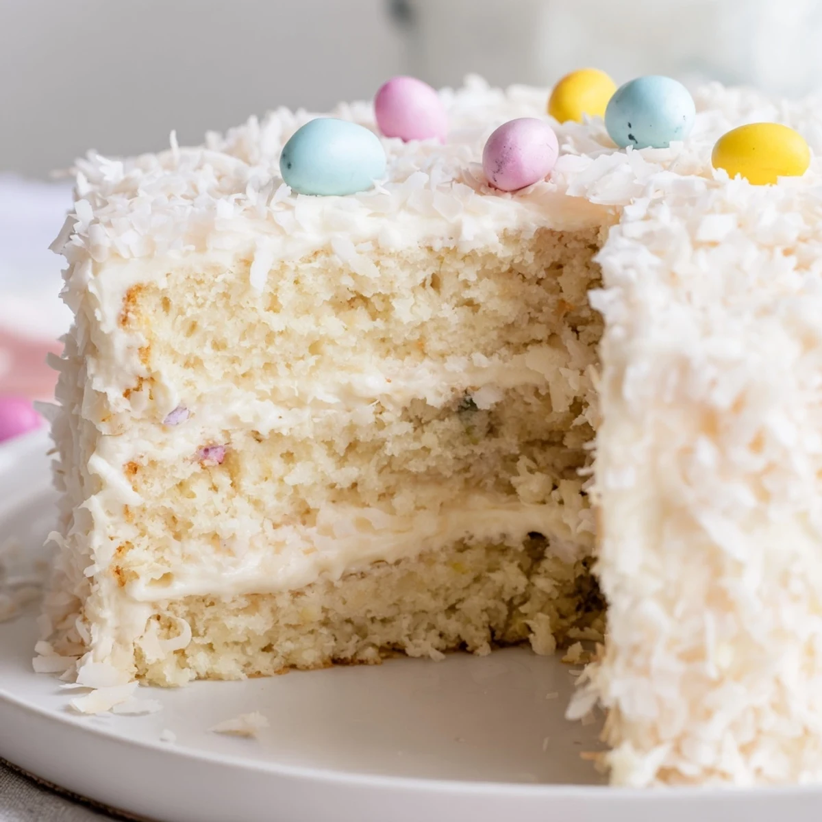 Freshly baked Easter Coconut Cake layers with fluffy coconut sponge and creamy frosting, topped with shredded coconut.