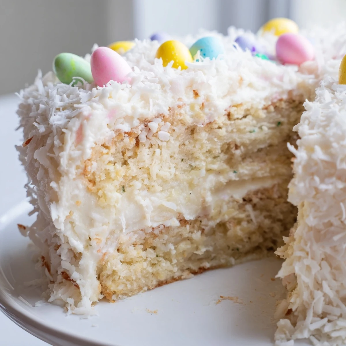Frosted Easter Coconut Cake decorated with shredded coconut and pastel candies for a cheerful holiday dessert presentation.