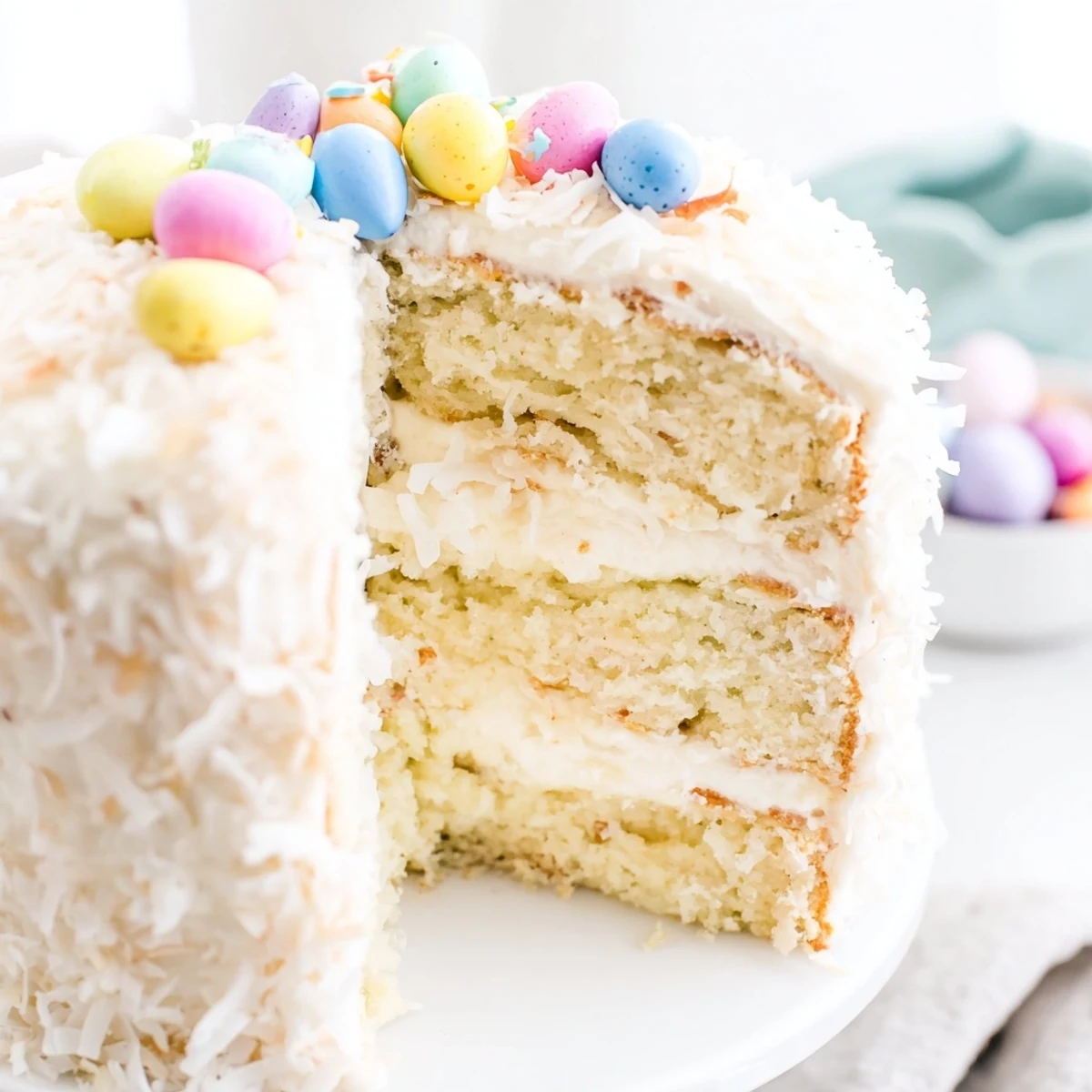 Sliced Easter Coconut Cake shows moist crumb and creamy frosting on a festive spring plate ready to serve.