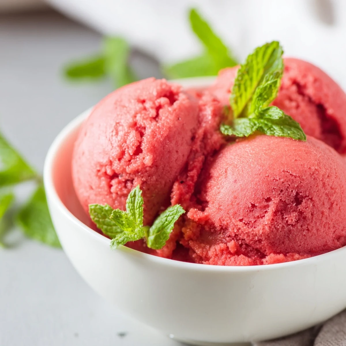 A scoop of Strawberry Lemonade Sorbet with Mint sits in a chilled glass, garnished with fresh mint and lemon zest.
