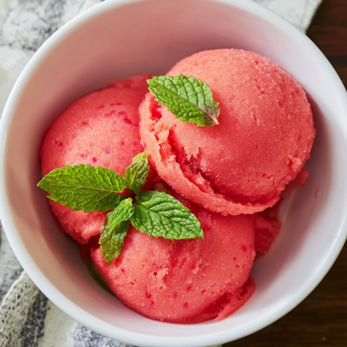 Close-up view of Strawberry Lemonade Sorbet with Mint in a clear bowl, showing a smooth, pink, icy texture.