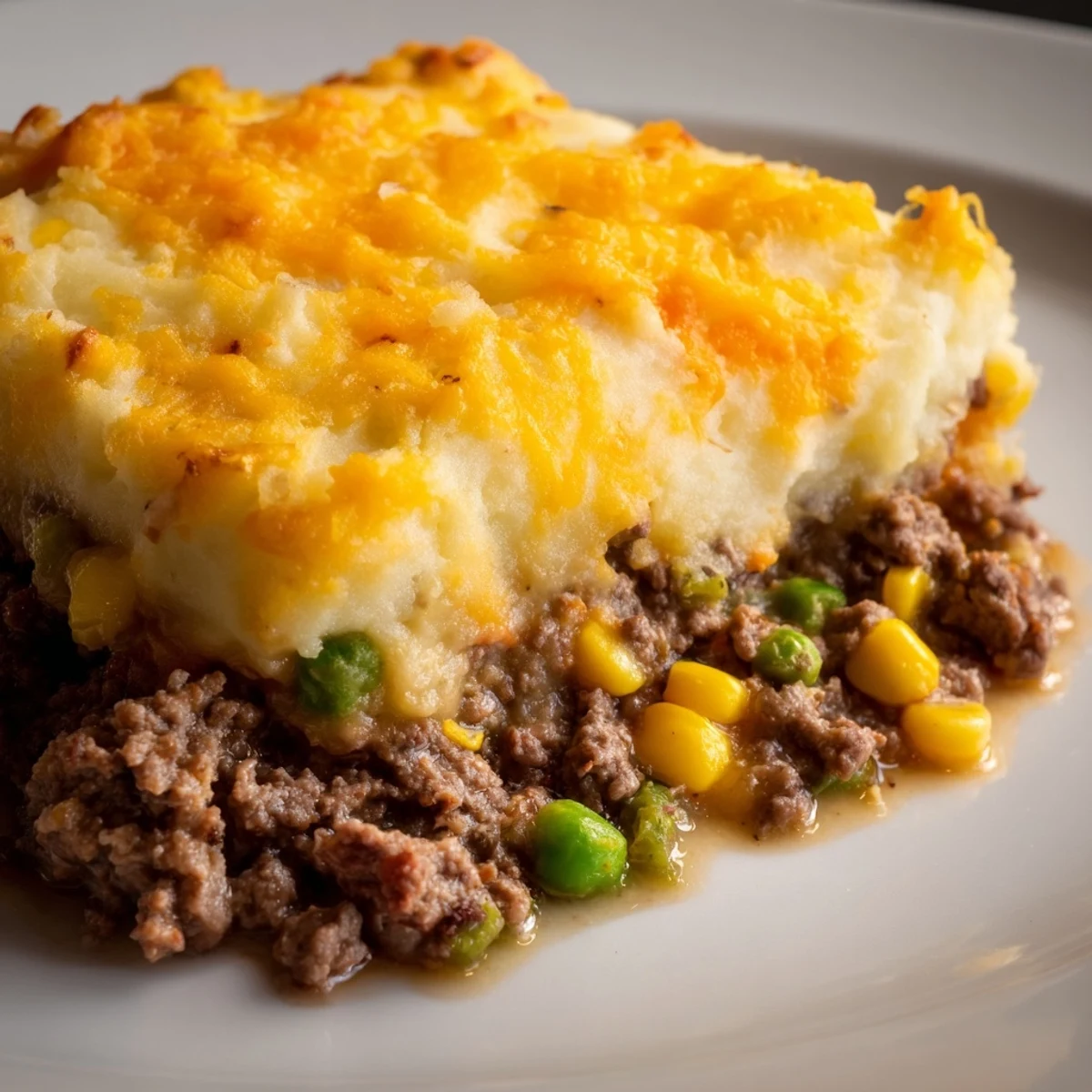 Close-up of a freshly baked Beef Shepherd’s Pie with Peas and Corn, featuring a golden, creamy mashed potato topping over a savory beef filling.