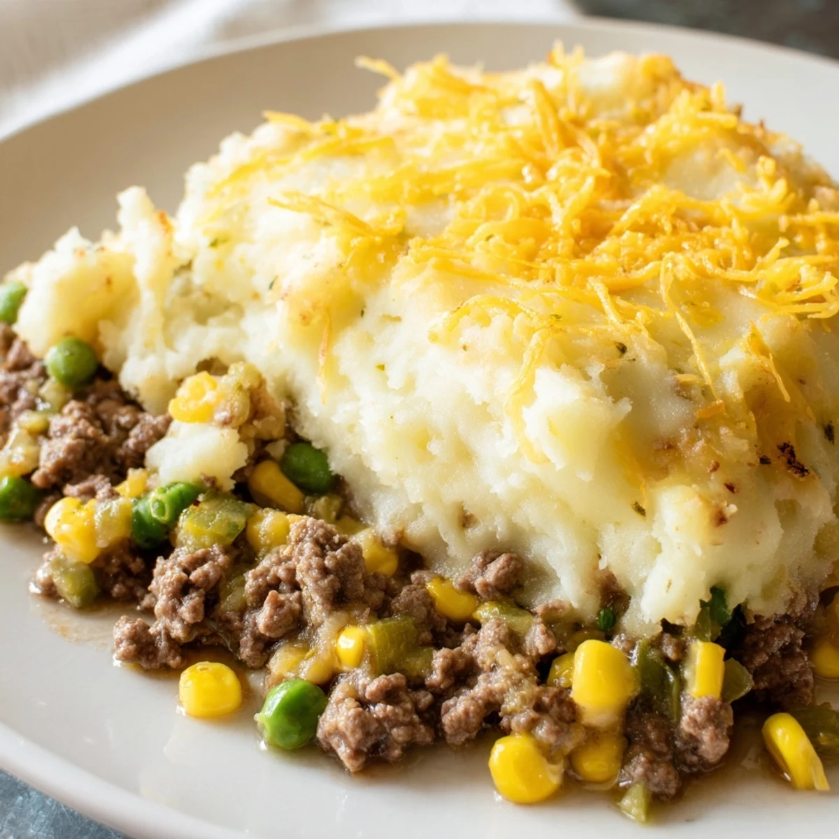 A hearty serving of Beef Shepherd’s Pie with Peas and Corn in a white casserole dish, surrounded by rustic kitchen textiles and fresh thyme.