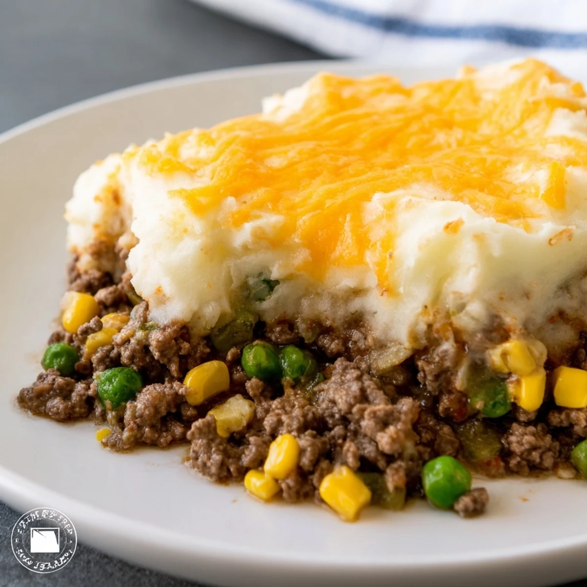 Golden-brown Beef Shepherd’s Pie with Peas and Corn, steaming gently after baking, showcasing the hearty layers of meat and vegetables beneath fluffy potatoes.
