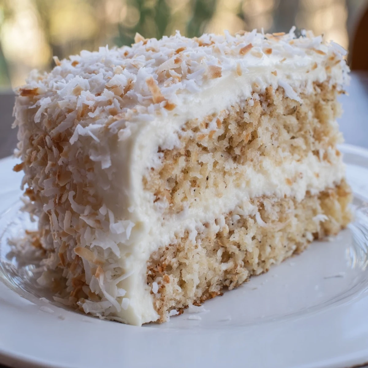 Easter Coconut Cake with Cream Cheese frosting shows moist layers and toasted coconut garnish on a white plate.