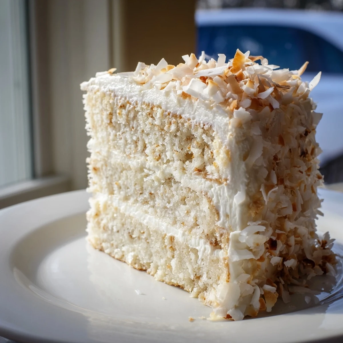 A slice of Easter Coconut Cake with Cream Cheese reveals fluffy texture and creamy frosting, served on a spring table.