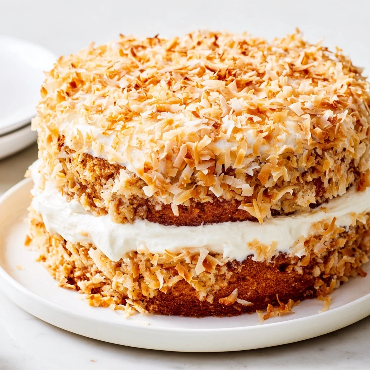 Close-up of Easter Coconut Cake with Cream Cheese, topped with toasted coconut shreds and bright edible flowers for celebration.