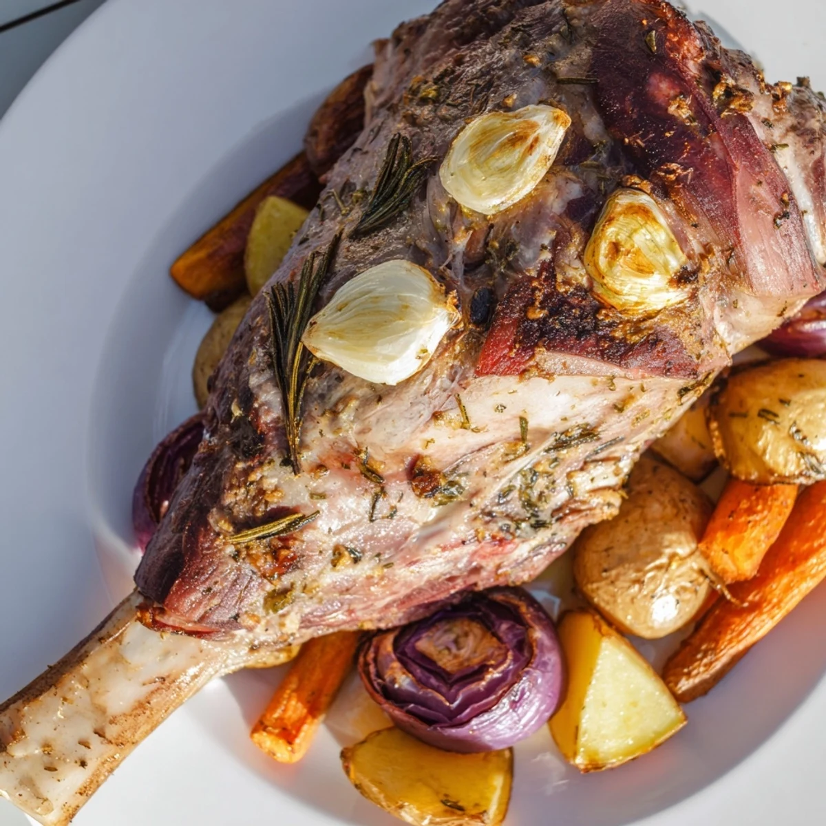 A perfectly roasted leg of lamb glistens with herbs, surrounded by golden caramelized root vegetables ready to serve.