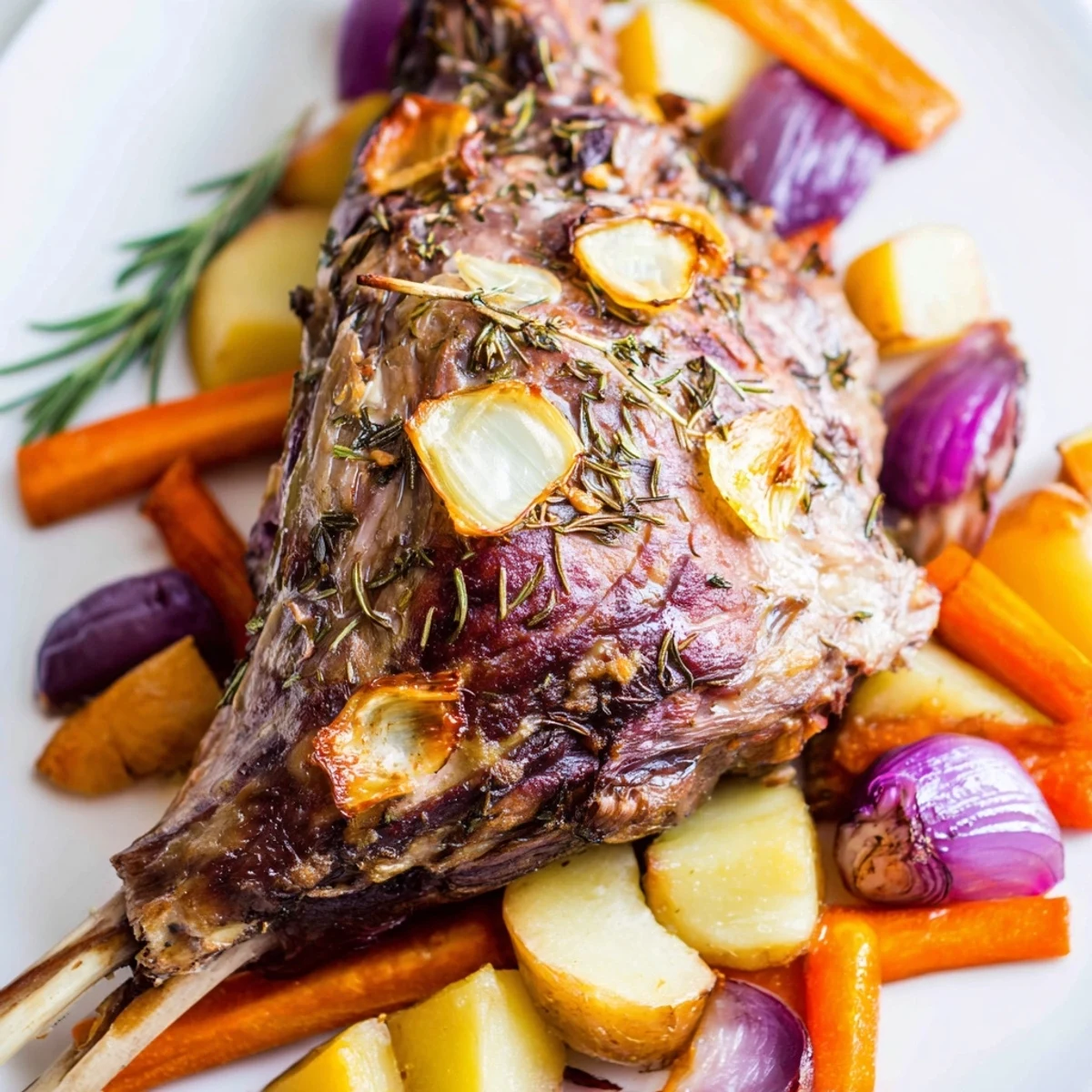 Sliced Roasted Lamb with Root Vegetables shows rosemary and garlic flecked meat paired with tender carrots and potatoes.