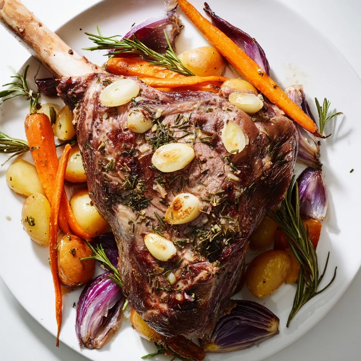 A beautiful platter of Roasted Lamb with Root Vegetables features juicy slices next to caramelized onions and parsnips.