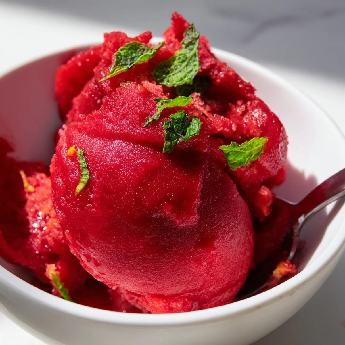 A serving of Strawberry Lemonade Sorbet with Mint in a waffle cone, showing its smooth texture against a sunny outdoor backdrop.