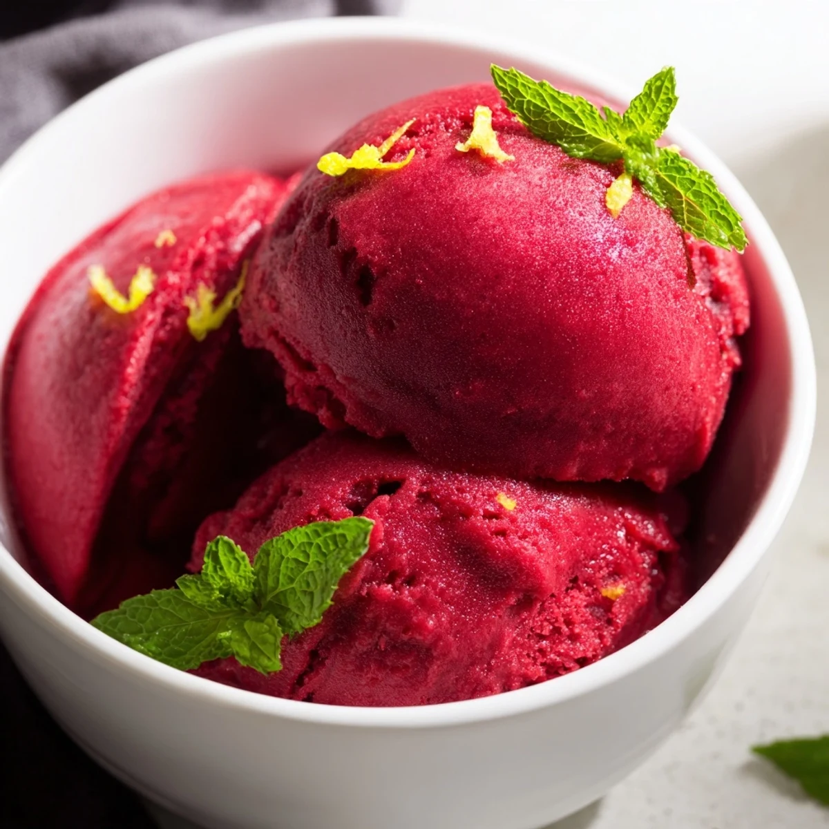 A close-up of vibrant pink Strawberry Lemonade Sorbet with Mint scoops in a glass bowl, garnished with fresh mint leaves.