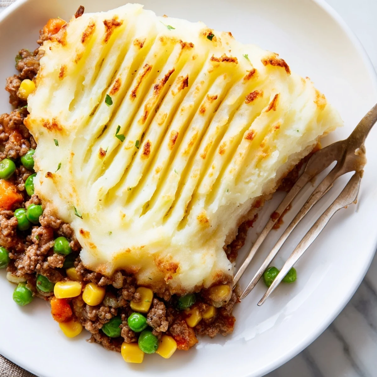 Golden-brown Beef Shepherds Pie with peas and corn sits bubbling in a white baking dish.  