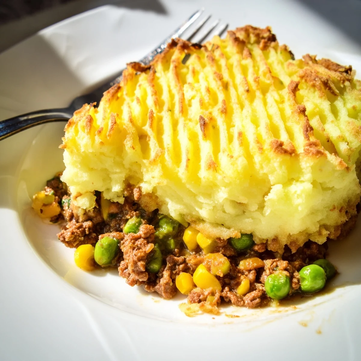 A slice of Beef Shepherds Pie reveals creamy mashed potatoes over savory beef and vegetable filling.  
