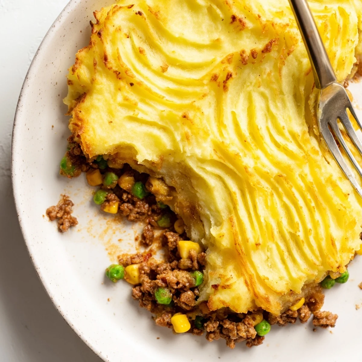 Served in a rustic bowl, this hearty Beef Shepherds Pie features tender ground beef, peas, and corn.