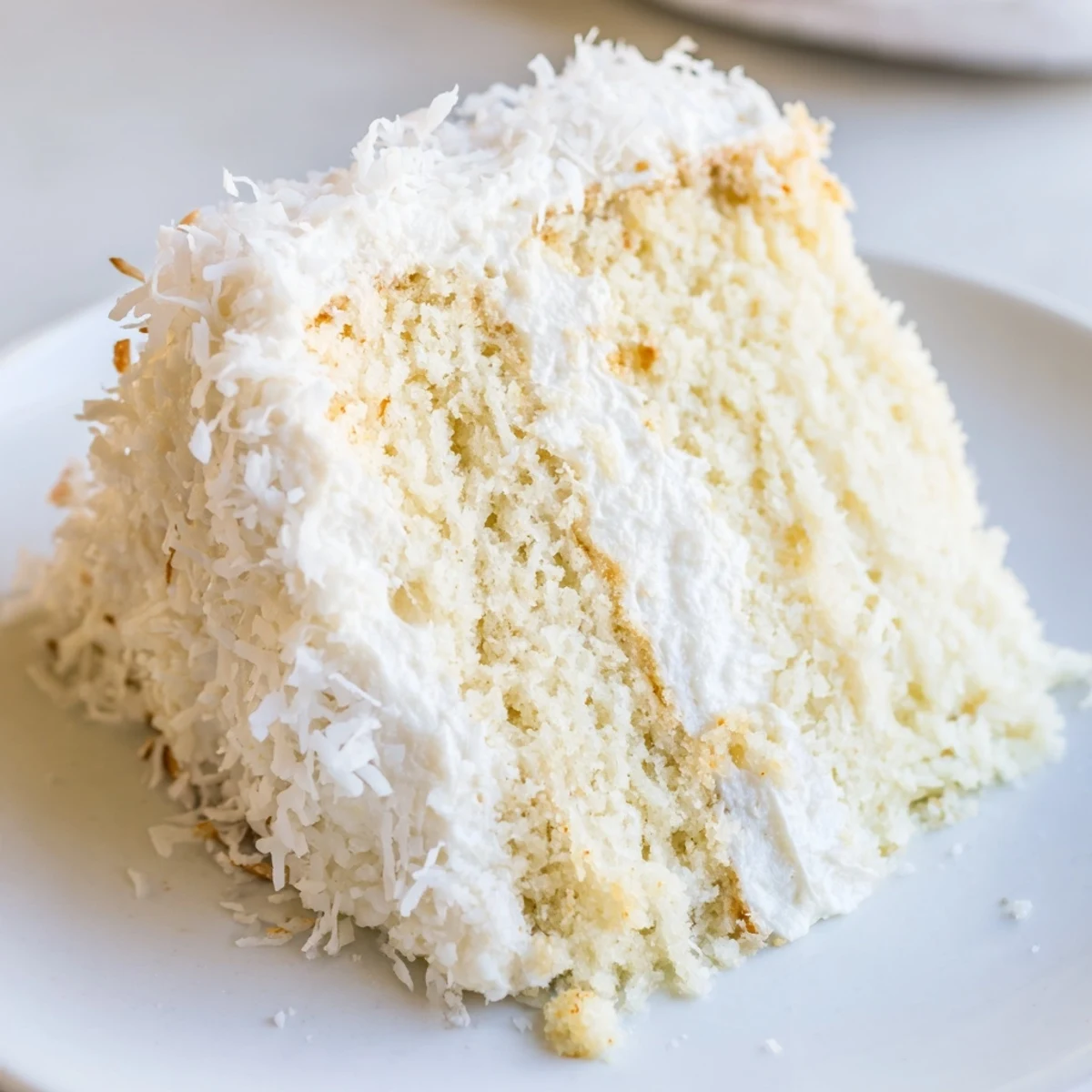 The finished Easter Coconut Cake with cream cheese frosting is decorated with sweet coconut flakes and pastel candies on a spring table.