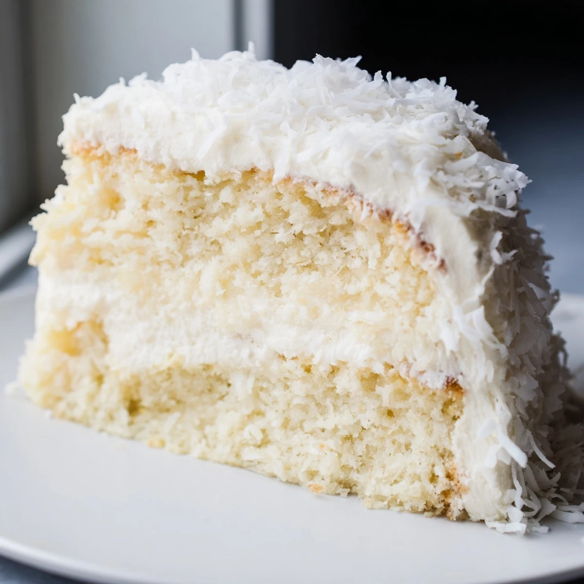 A slice of moist Easter Coconut Cake shows layers of creamy frosting and shredded coconut, served on a white plate.