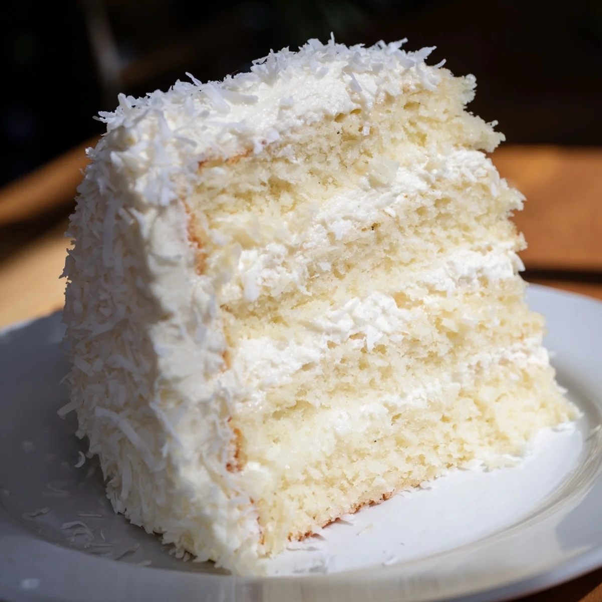 Frosted Easter Coconut Cake with cream cheese frosting, topped with sweet coconut and Easter candies, ready for spring celebrations.