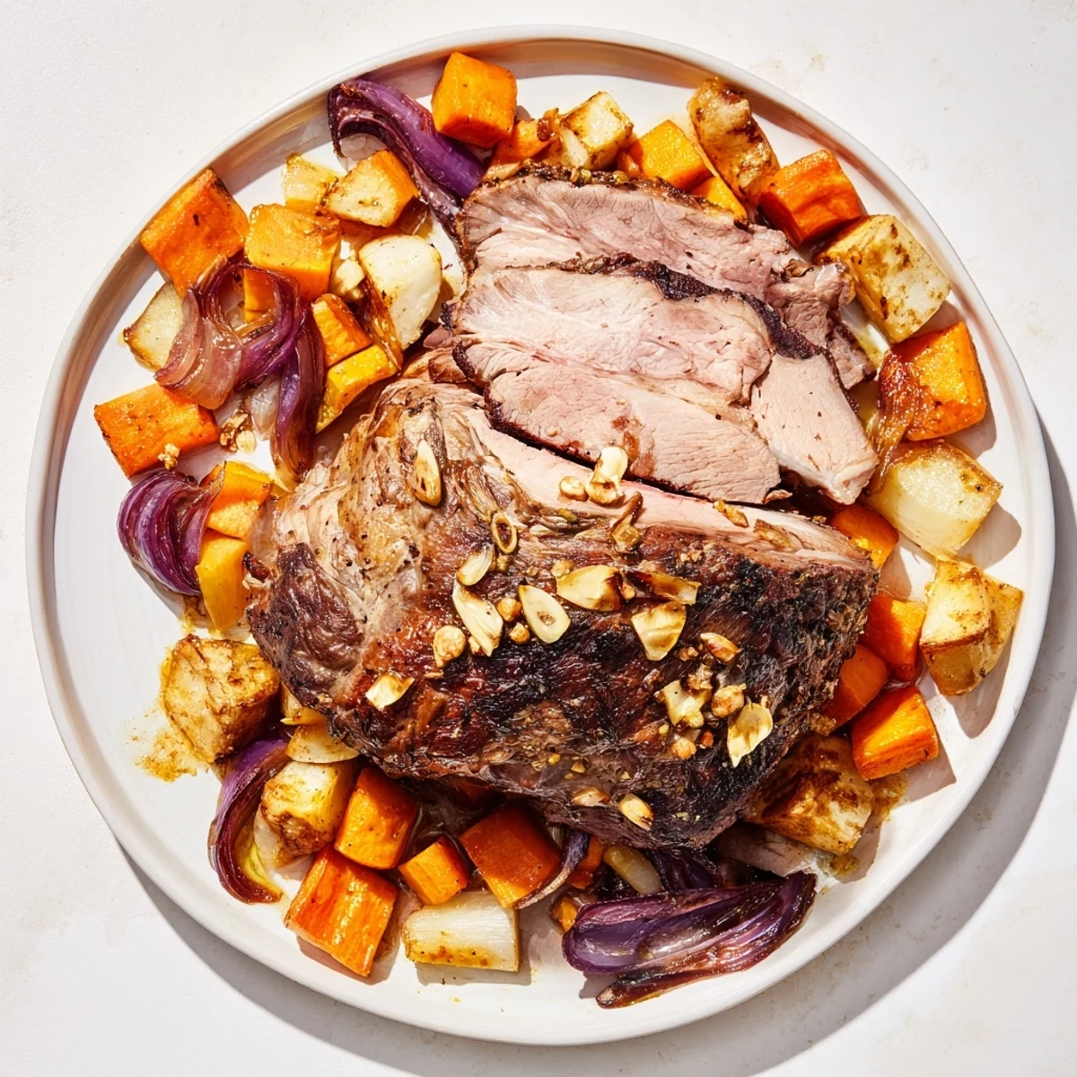 The Roasted Lamb with Root Vegetables rests on a platter, its golden-brown crust glistening beside caramelized carrots, parsnips, and sweet potatoes. 