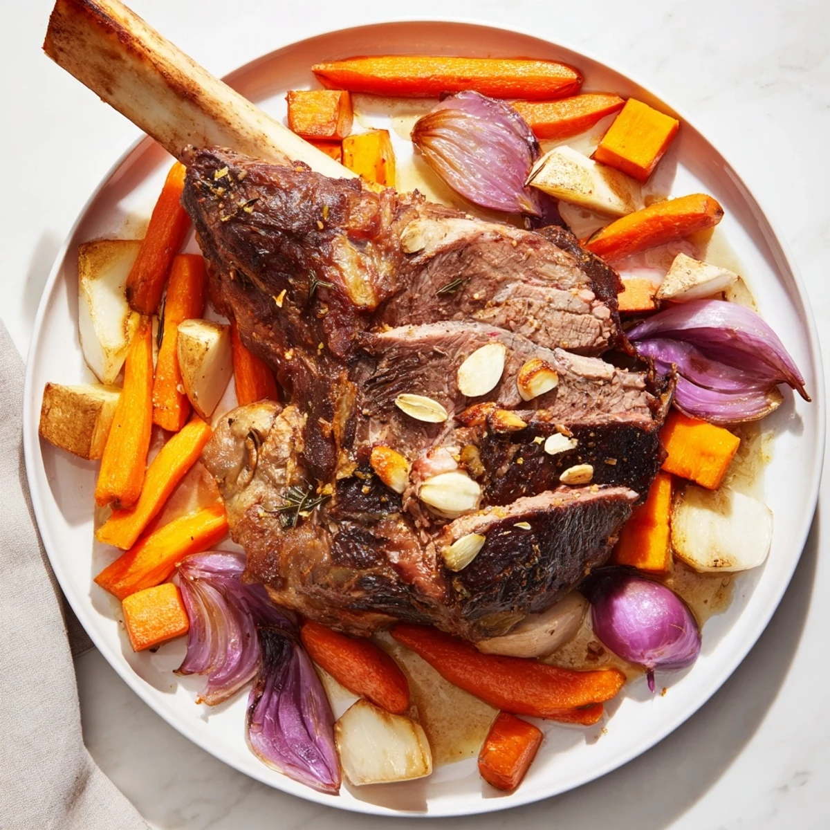 Sliced Roasted Lamb with Root Vegetables reveals juicy pink meat, served with tender turnip wedges and red onion on a rustic wooden board. 
