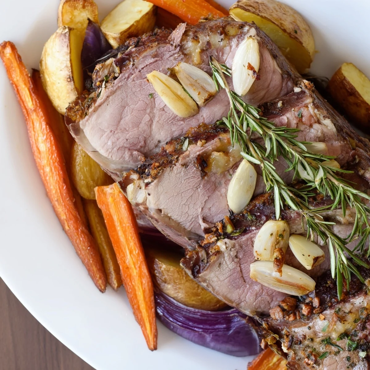 Tender slices of Roasted Lamb with Root Vegetables are served with caramelized onions and herbs for a cozy dinner.