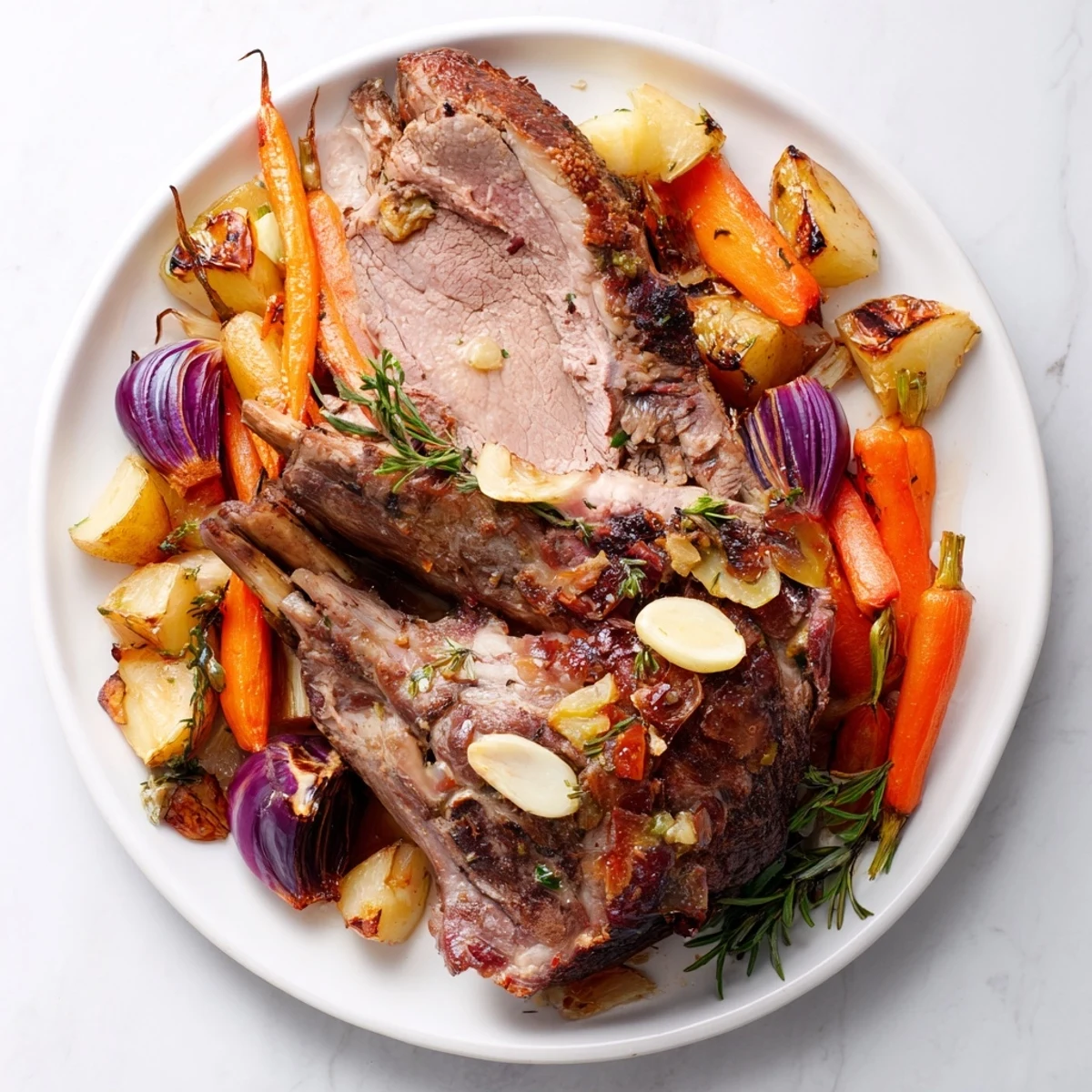 Juicy Roasted Lamb with Root Vegetables rests beside golden carrots, parsnips, and potatoes on a rustic serving platter.