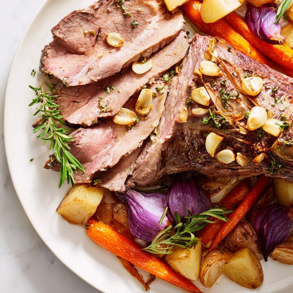 A beautifully browned Roasted Lamb with Root Vegetables garnished with fresh parsley and lemon zest on a wooden board.