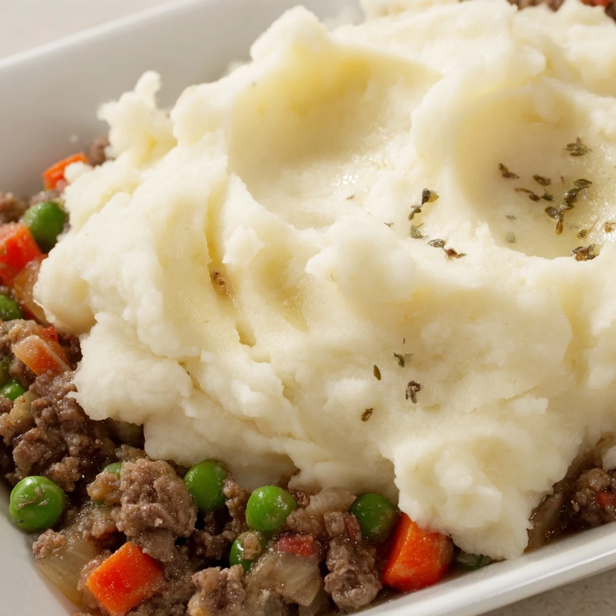A close-up shows the savory ground beef and peas beneath creamy mashed potato peaks in Beef Shepherds Pie with Peas.
