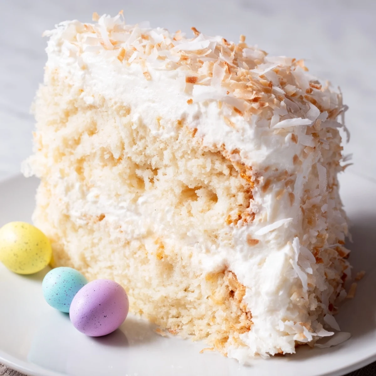 Moist layers of Easter Coconut Cake frosted with creamy coconut icing and toasted coconut flakes on top.