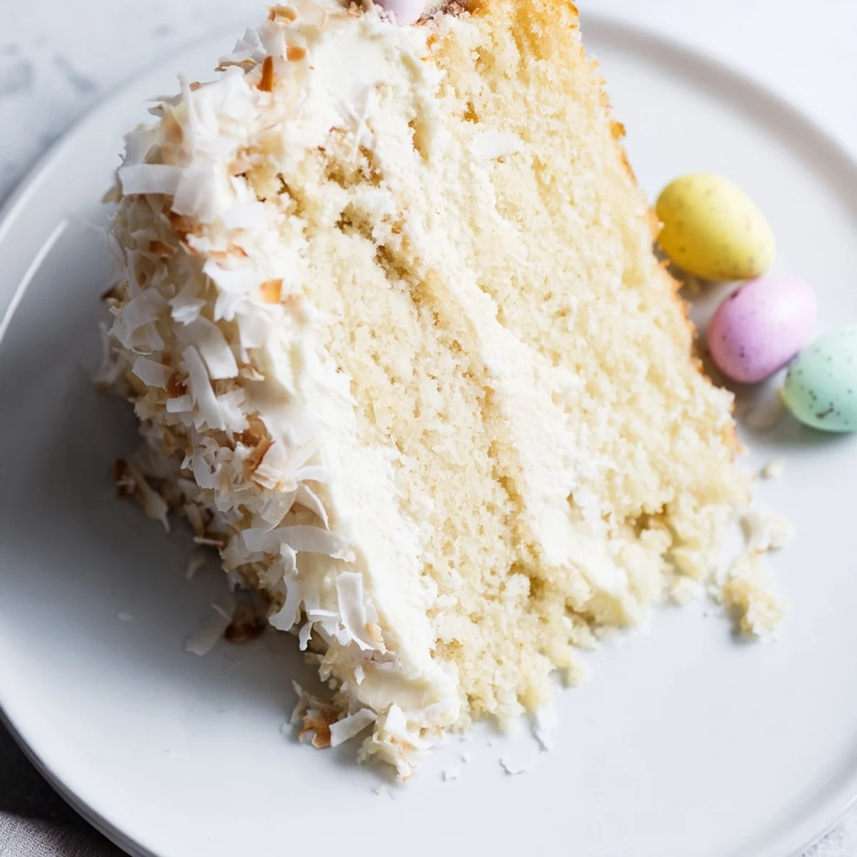 A slice of Easter Coconut Cake with creamy frosting and chocolate eggs for a festive Easter dessert.