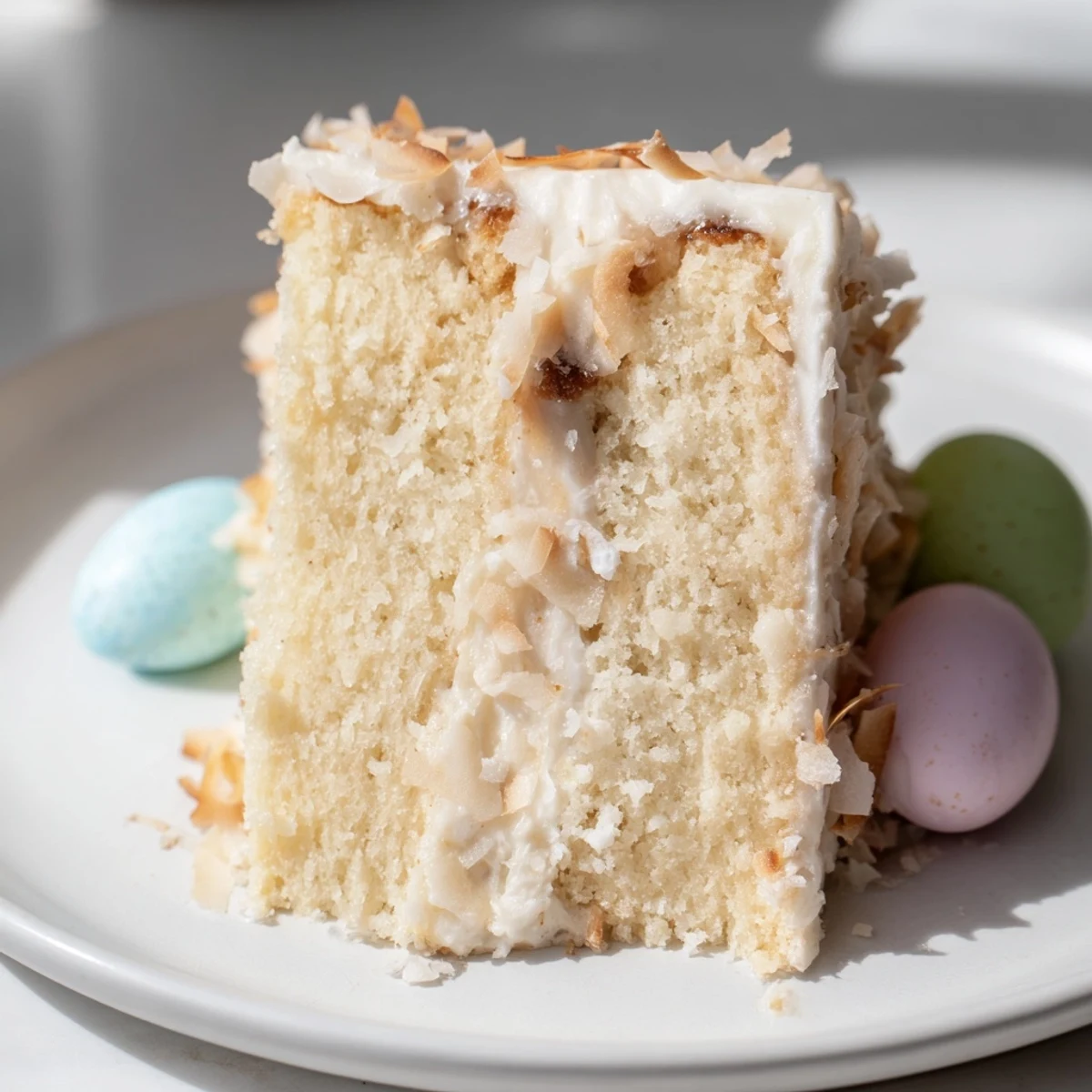 Golden toasted coconut shreds decorate the fluffy Easter Coconut Cake on a spring pastel plate.