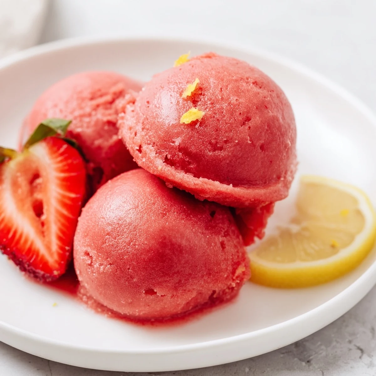 Vibrant pink Strawberry Lemonade Sorbet scoops glisten in a chilled glass bowl, topped with fresh strawberry slices and a lemon twist.