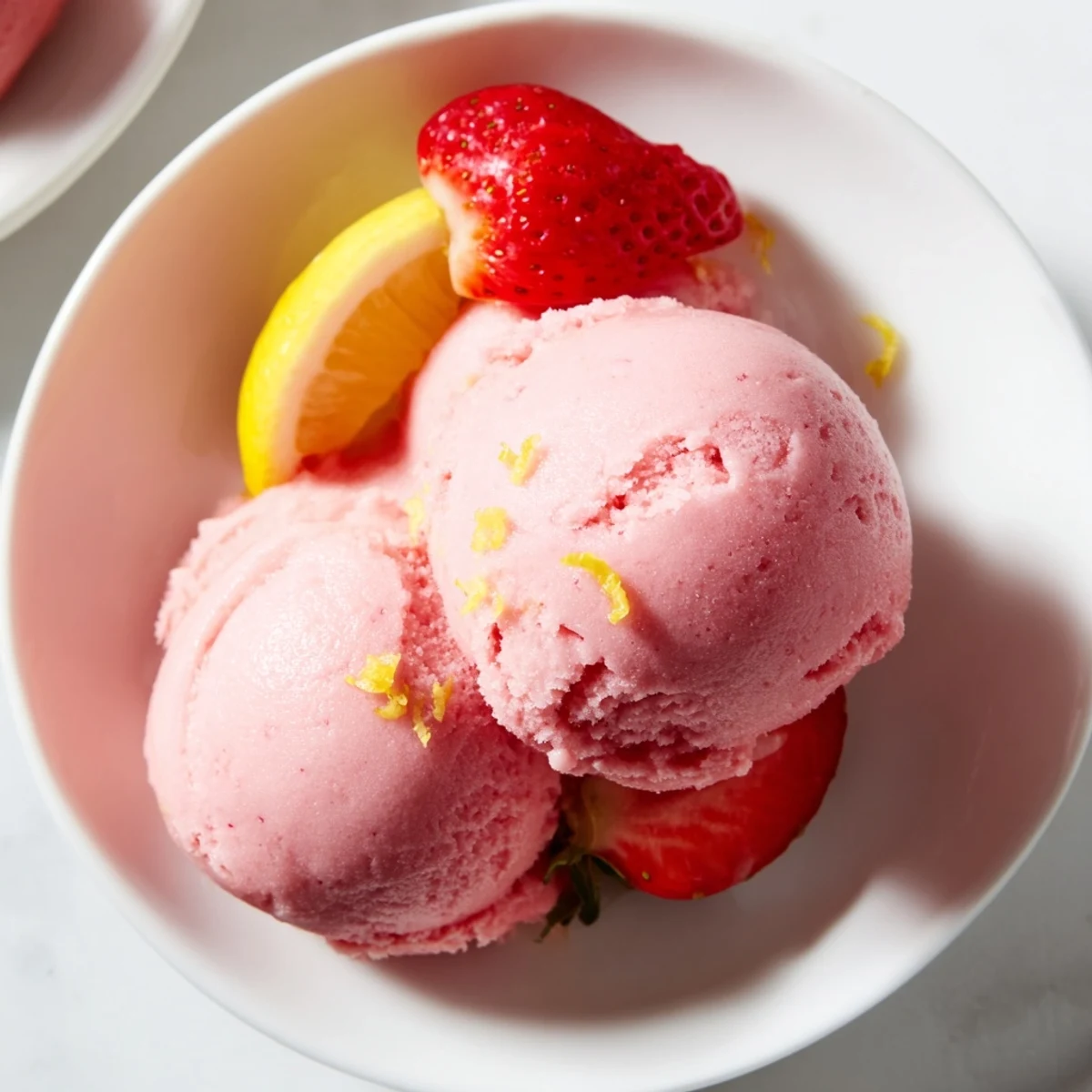 Spoonable Strawberry Lemonade Sorbet frozen dessert rests on a rustic wooden table, surrounded by halved strawberries and whole lemons for summery context.