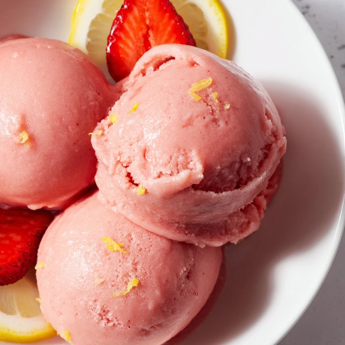 Close-up view of creamy Strawberry Lemonade Sorbet with mint garnish in a dessert glass, reflecting sunlight for a refreshing, vegan treat.