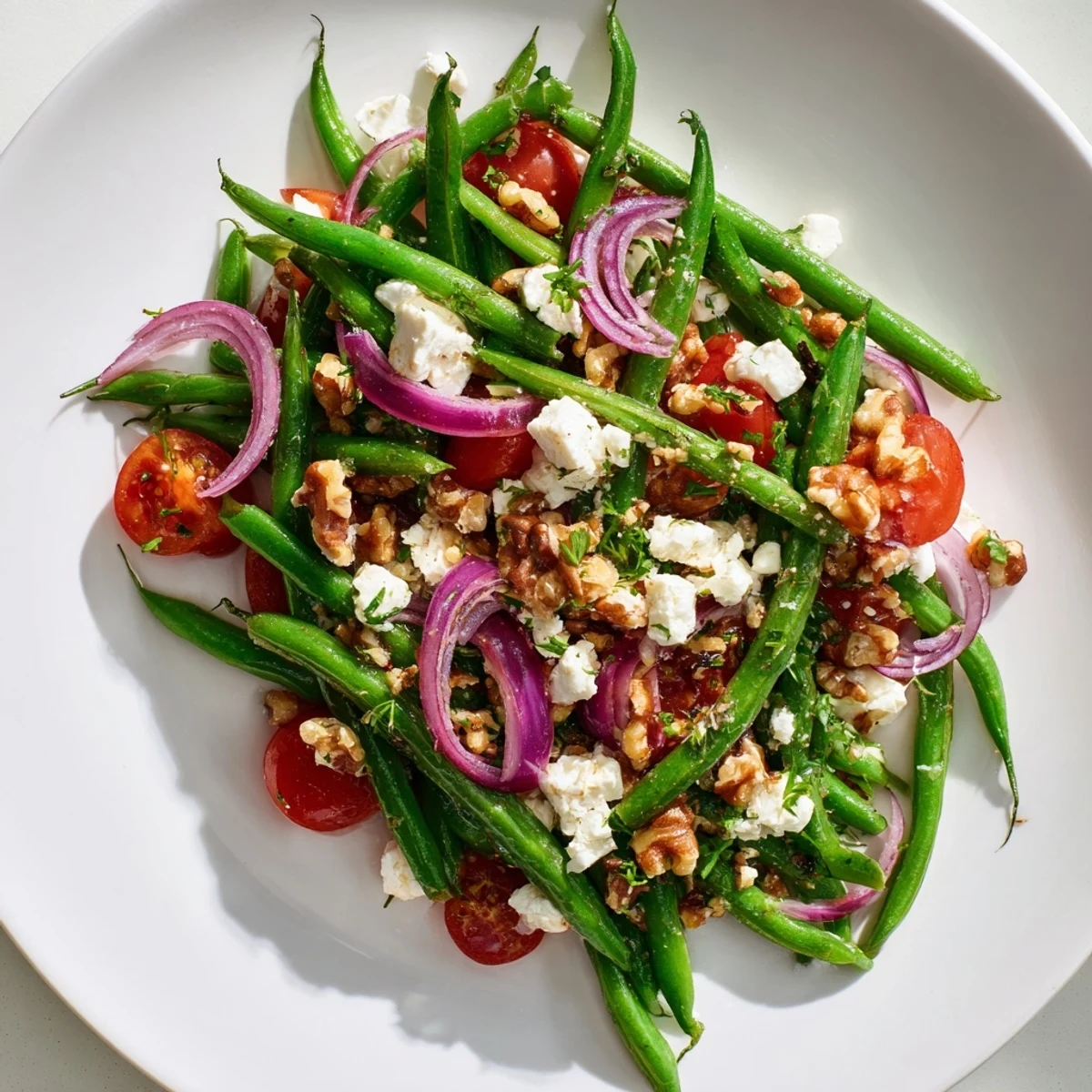 Vibrant Green Bean Salad with Feta showcases crisp beans and creamy feta on a platter.
