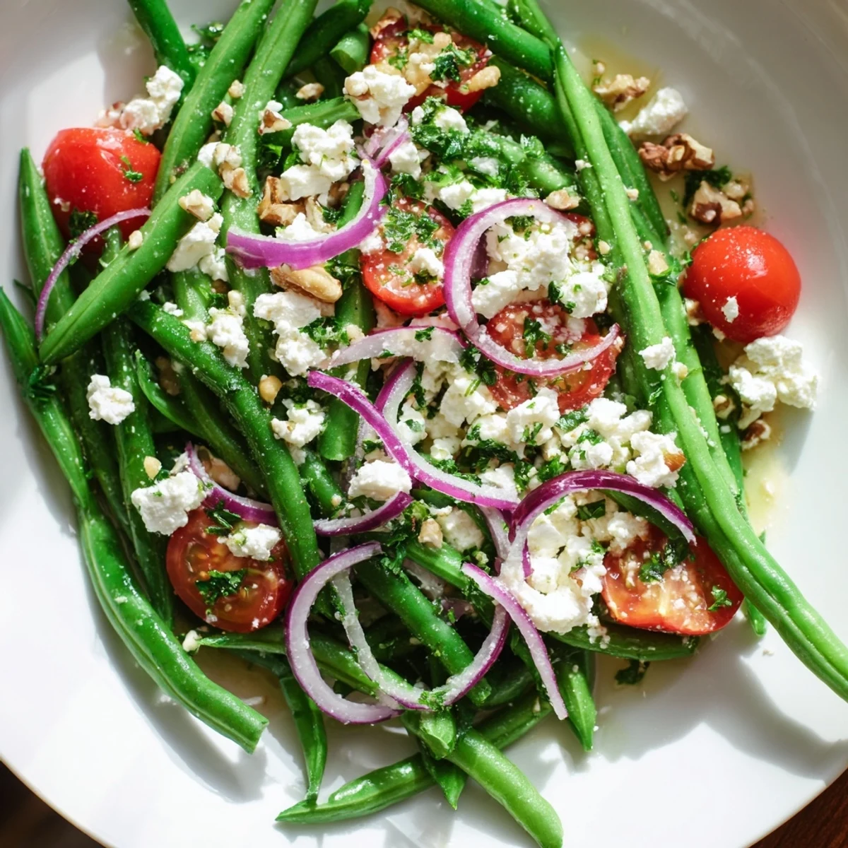 Fresh Green Bean Salad with Feta features a zesty lemon vinaigrette and sliced red onions.